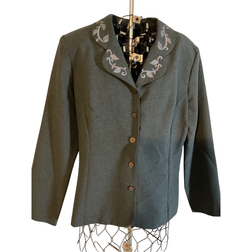 Suzannah James Gray Embroidered Collar Button‎ Front Blazer Women's Size 14P